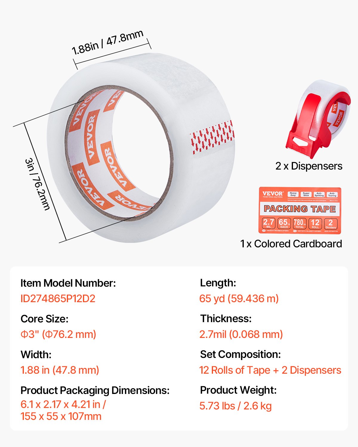 Clear Packing Tape 12 Rolls 1.88"x65yds 3in Core Heavy Duty with Dispenser