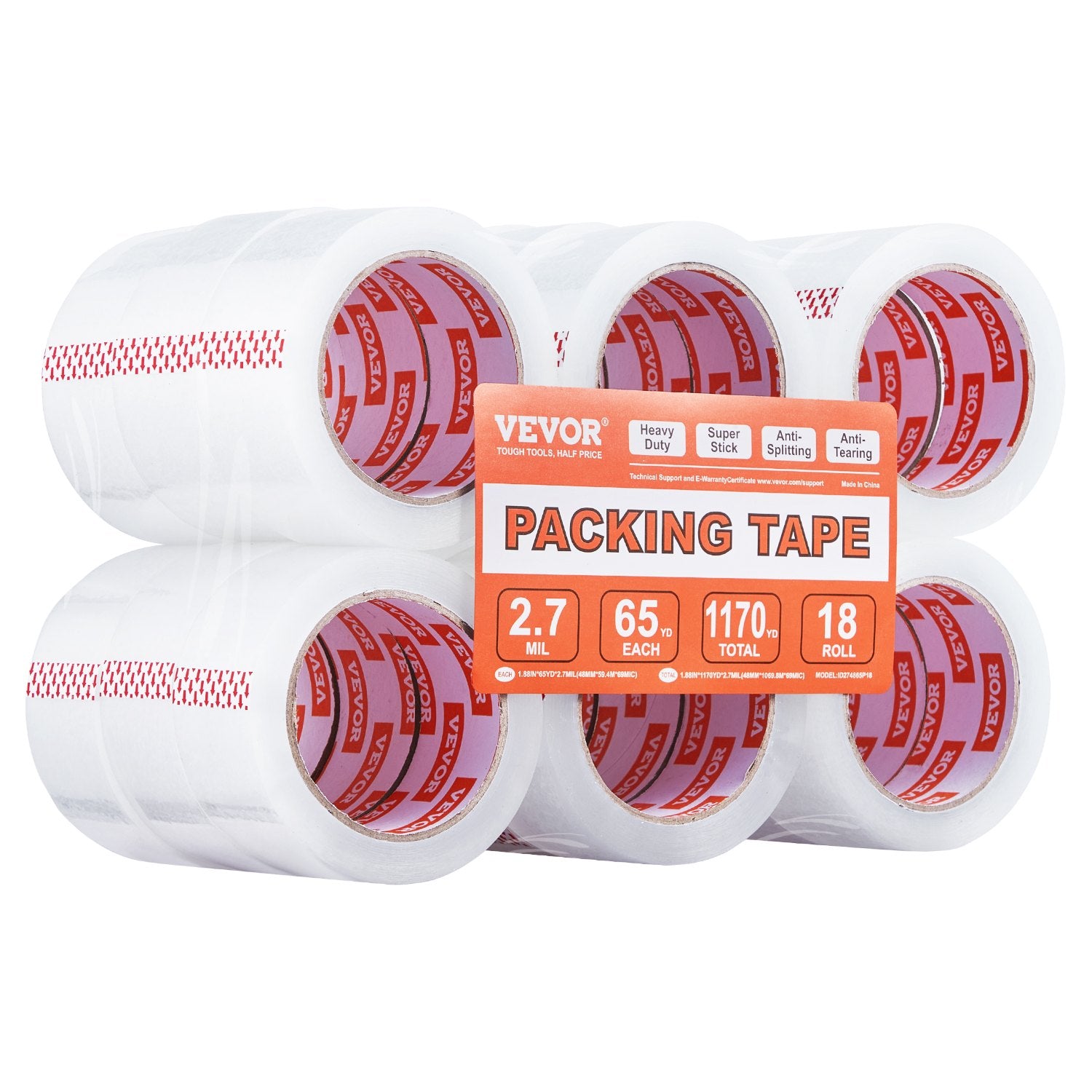 Clear Packing Tape 18 Rolls 1.88"x65yds 3in Core Heavy Duty Thick