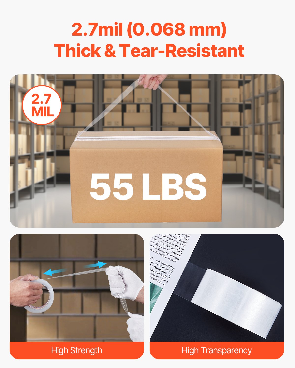 Clear Packing Tape 6 Rolls 1.88"x65yds 3in Core Heavy Duty with Dispenser