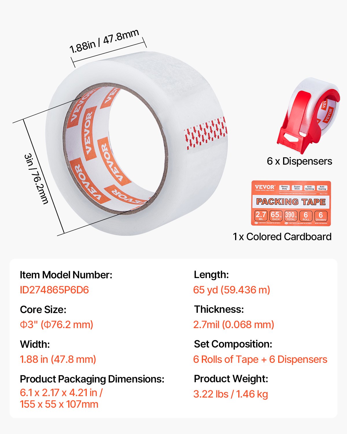 Clear Packing Tape 6 Rolls 1.88"x65yds 3in Core Heavy Duty with Dispenser