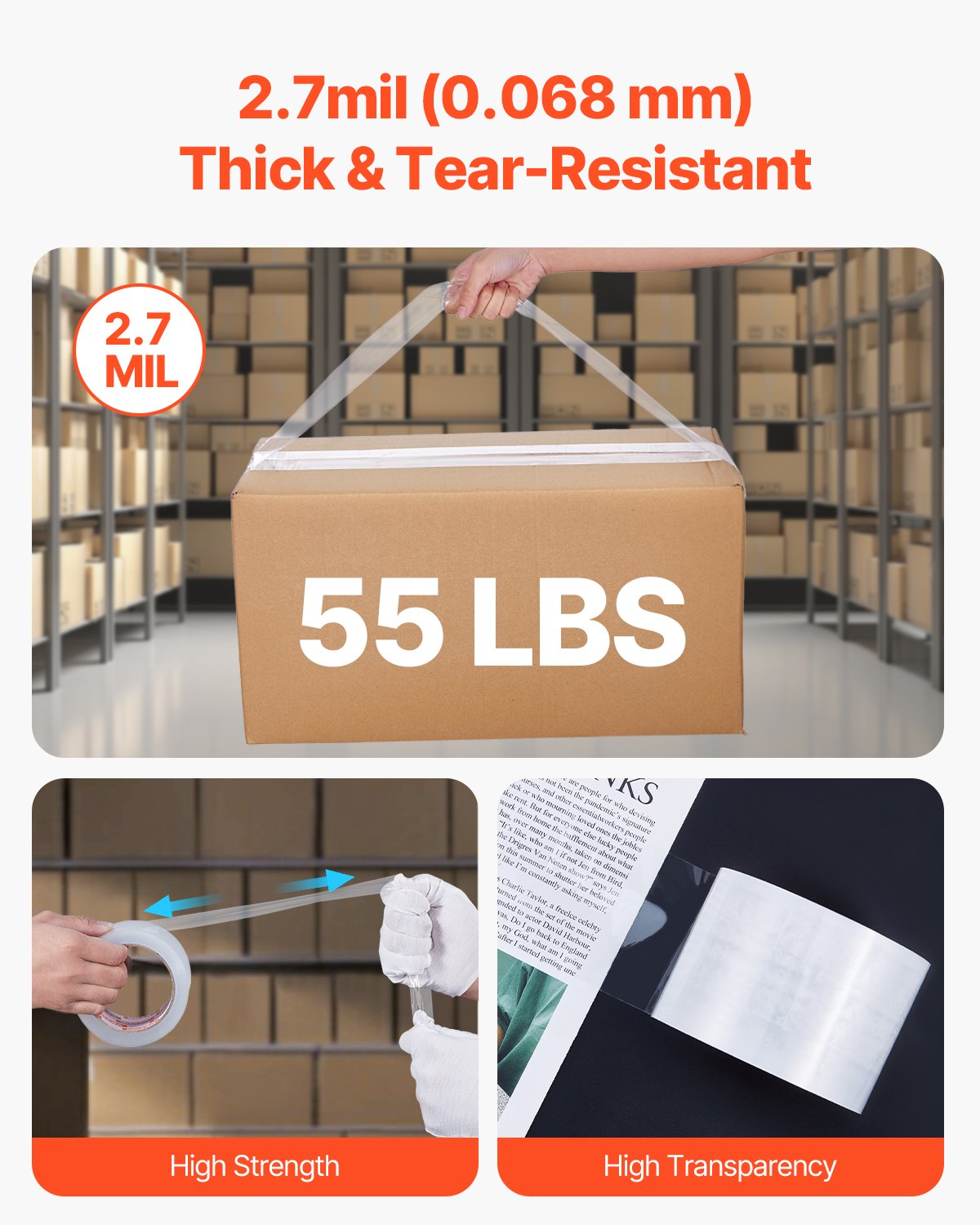 Clear Packing Tape 6 Rolls 3"x65yds 3in Core Heavy Duty Thick