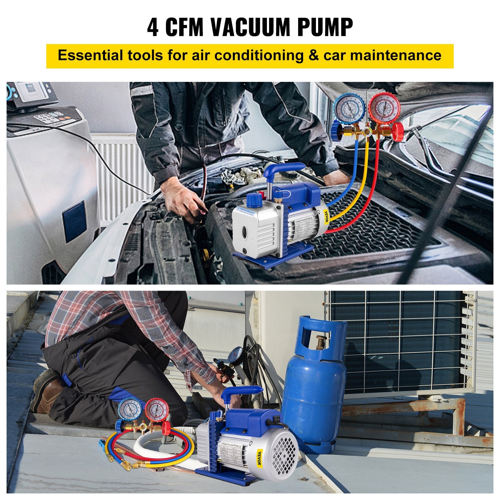Vacuum Pump 4CFM 1/4HP Rotary Vane Single Stage with AC Manifold Gauge Set