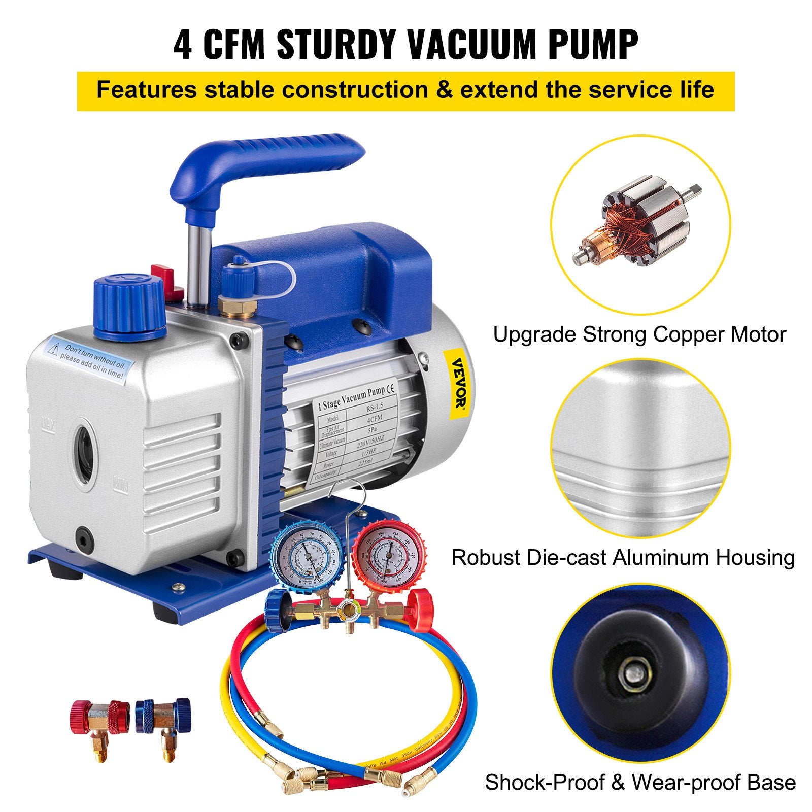 Vacuum Pump 4CFM 1/4HP Rotary Vane Single Stage with AC Manifold Gauge Set