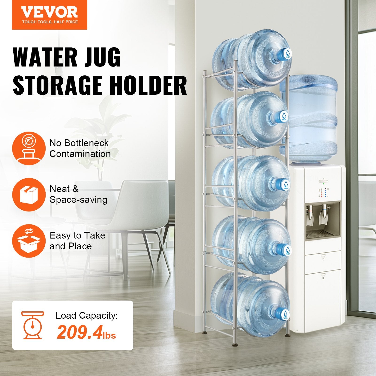 5 Tiers Water Jug Holder, Heavy Duty 5 Gallon Bottle Rack Single Row, Silver