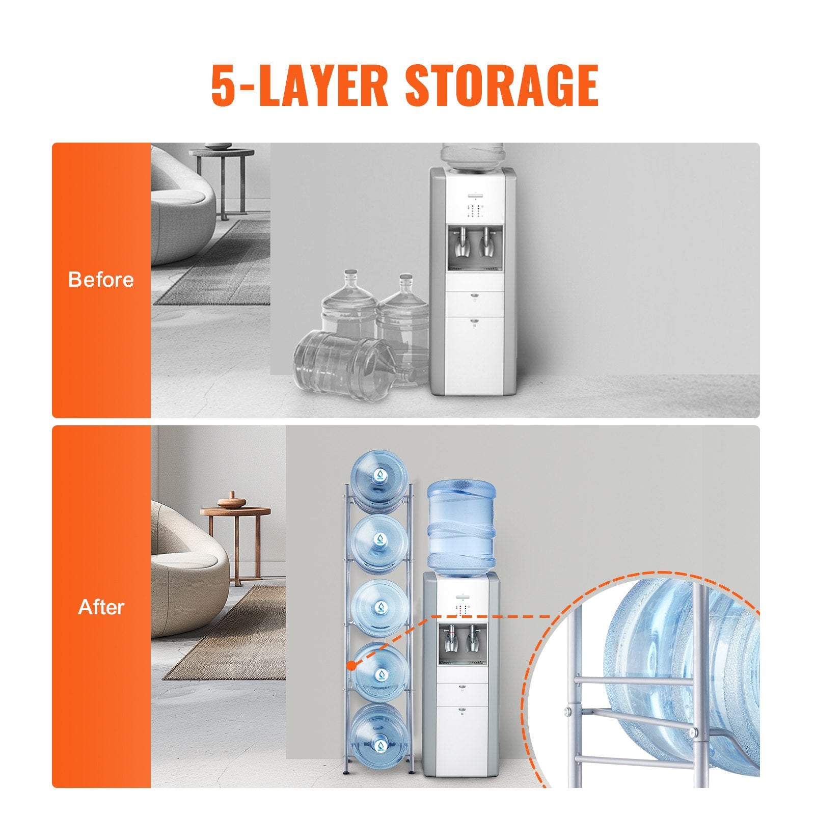 5 Tiers Water Jug Holder, Heavy Duty 5 Gallon Bottle Rack Single Row, Silver