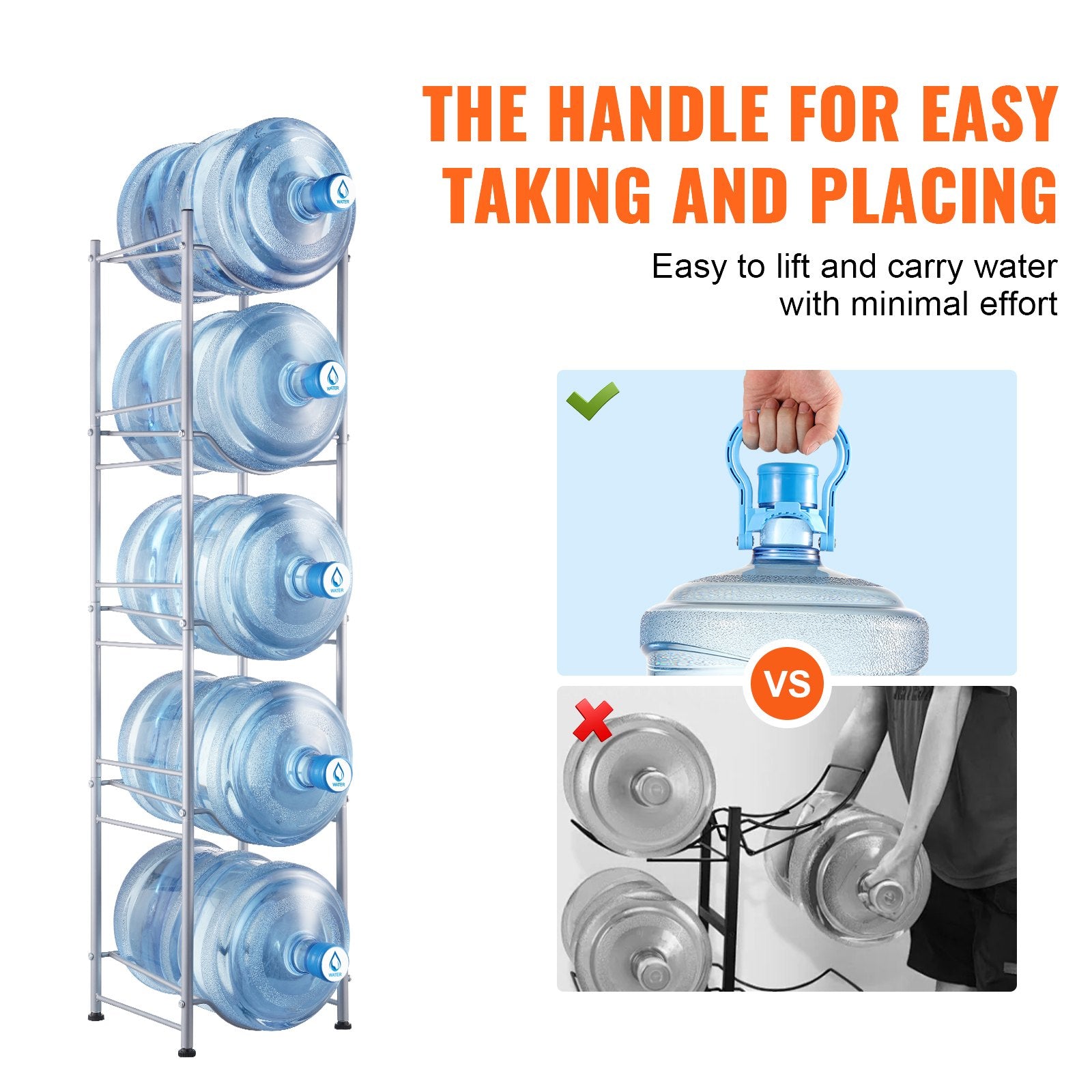 5 Tiers Water Jug Holder, Heavy Duty 5 Gallon Bottle Rack Single Row, Silver