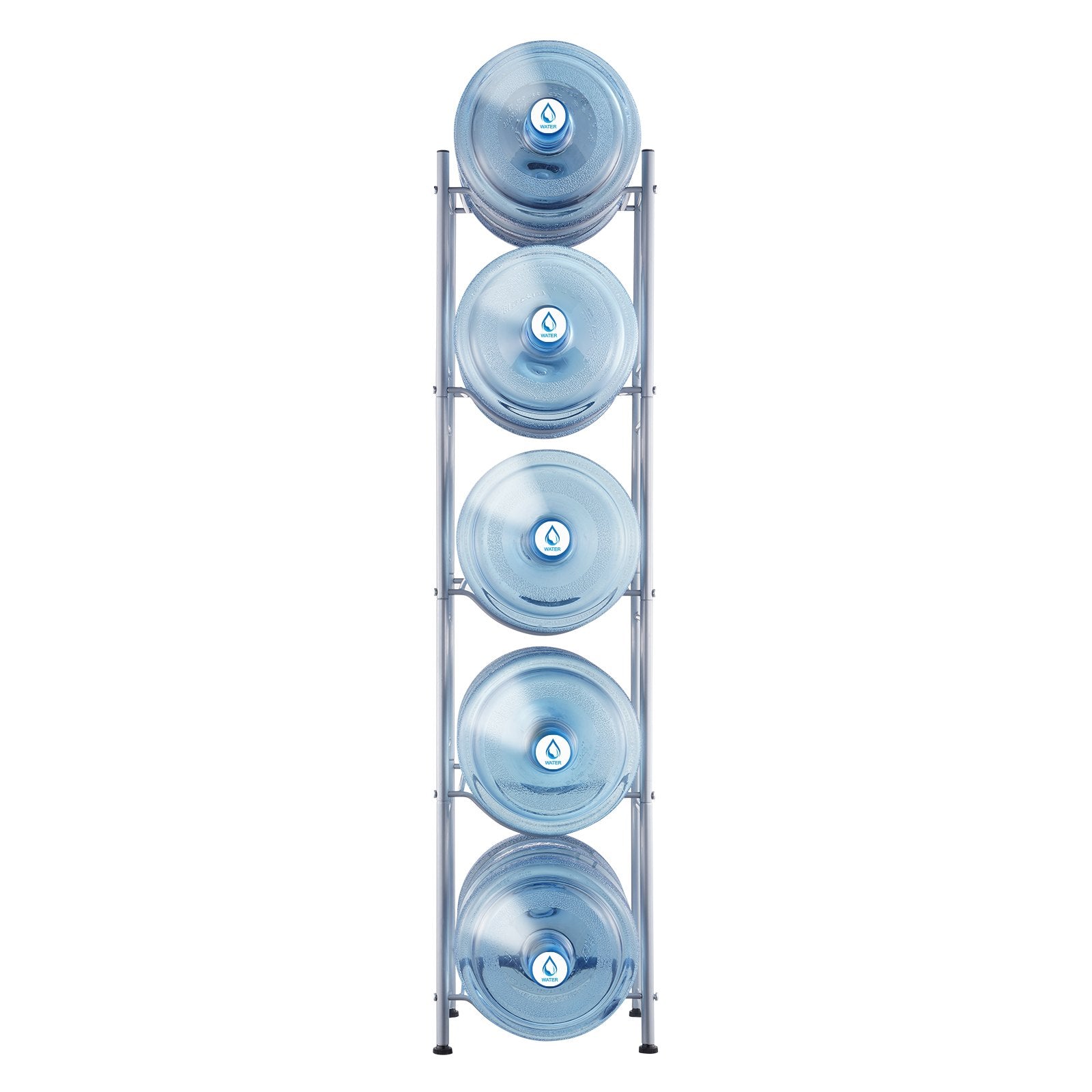 5 Tiers Water Jug Holder, Heavy Duty 5 Gallon Bottle Rack Single Row, Silver
