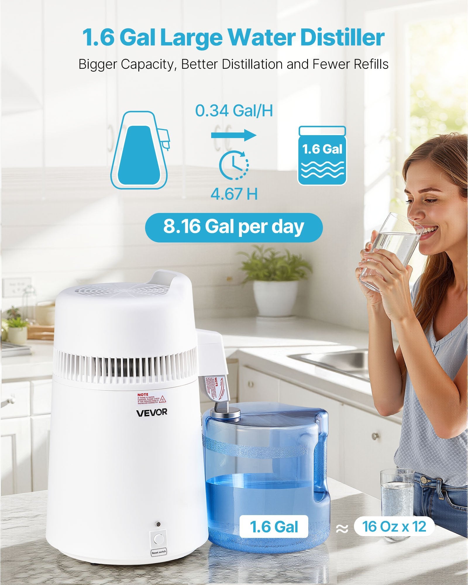 Water Distiller 6L, 900W Pure Water Purifier with Stainless Steel Interior White