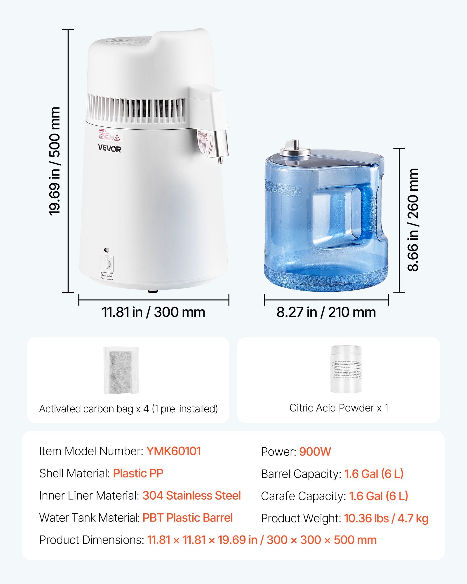 Water Distiller 6L, 900W Pure Water Purifier with Stainless Steel Interior White