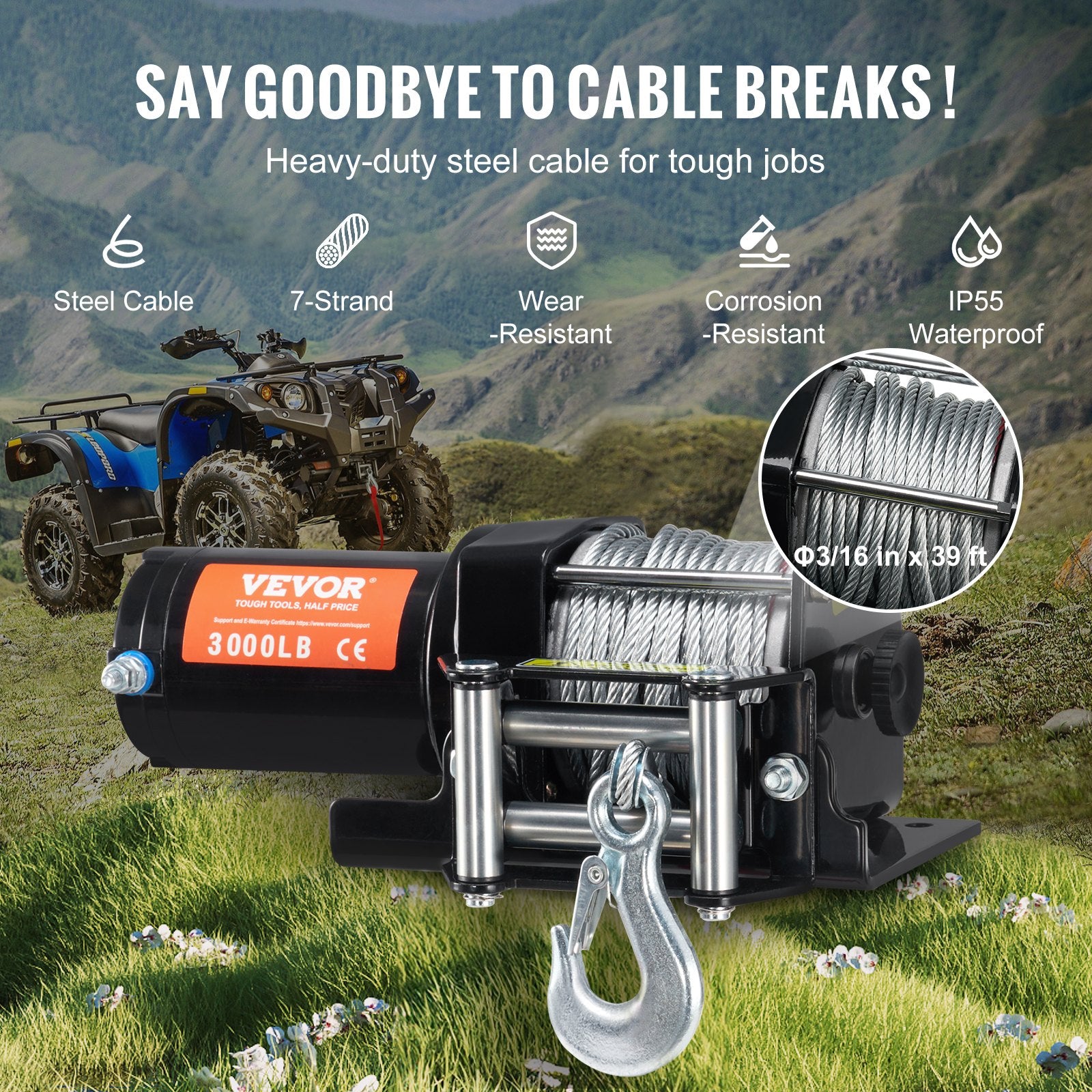 Winch Electric 1361KG 12V DC ATV UTV 0.5in x 1188.7cm Steel Cable IP55