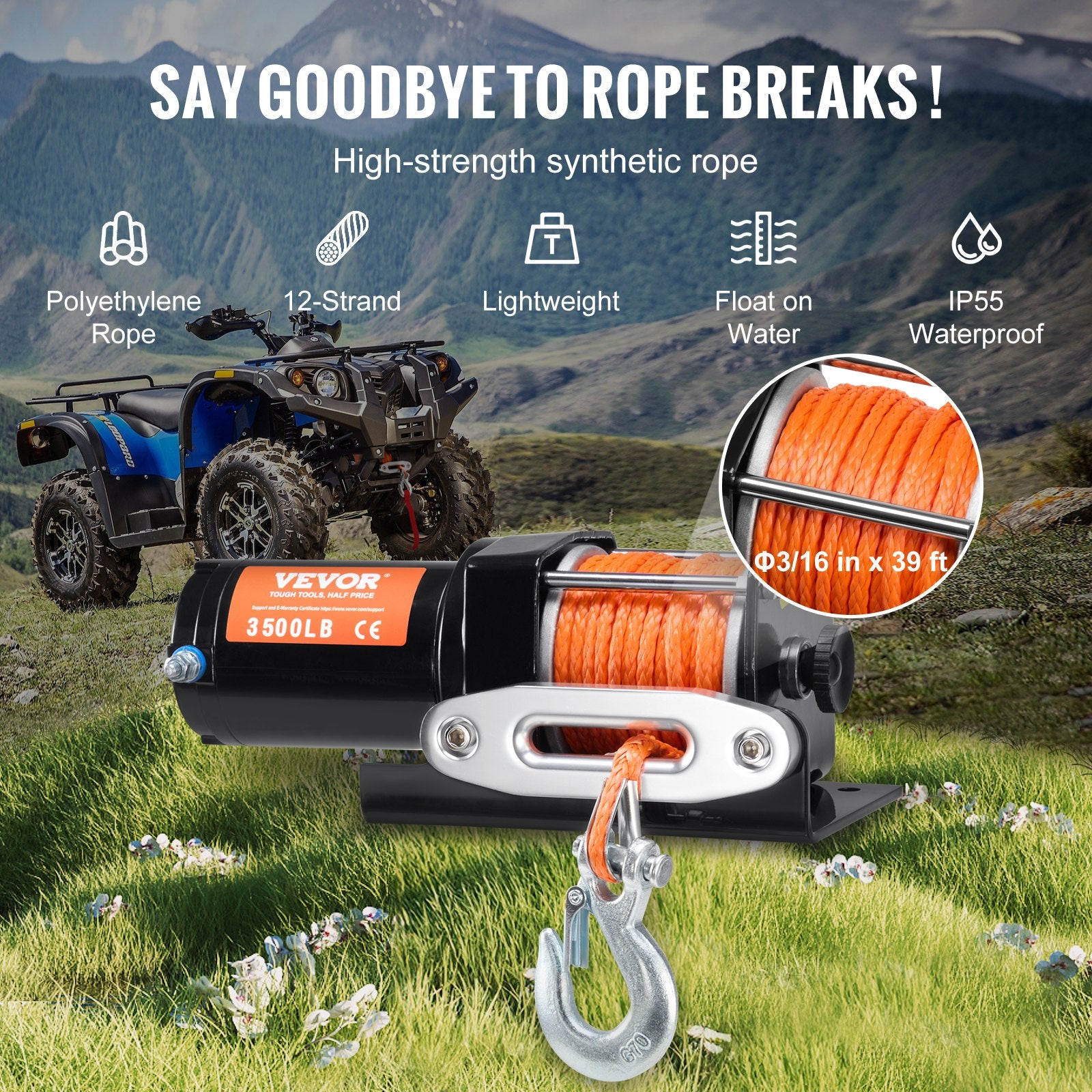 Winch Electric 1588KG 12V DC ATV 0.5in x 1188.7cm Synthetic Rope IP55