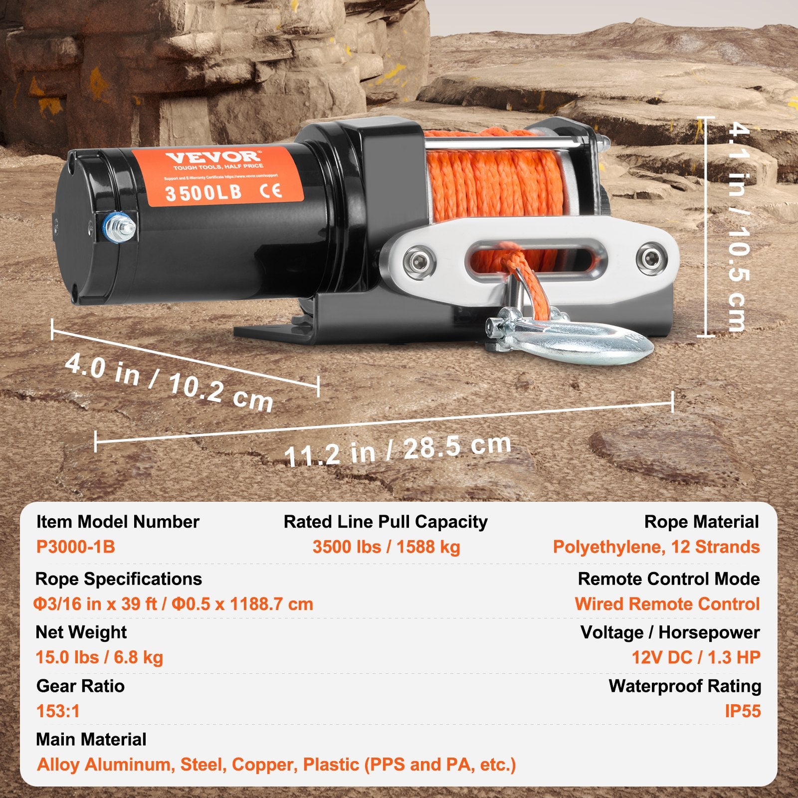 Winch Electric 1588KG 12V DC ATV 0.5in x 1188.7cm Synthetic Rope IP55