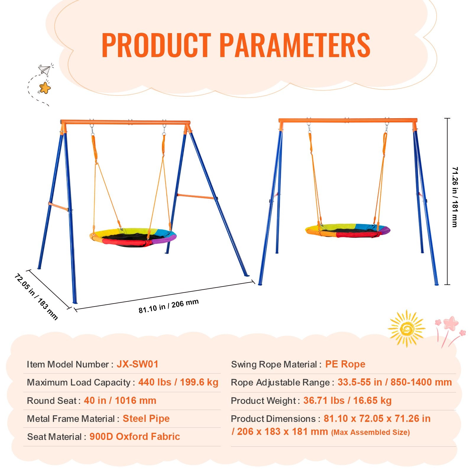 440lbs Load Capacity Saucer Swing Set with Heavy Duty A-Frame Stand for Kids