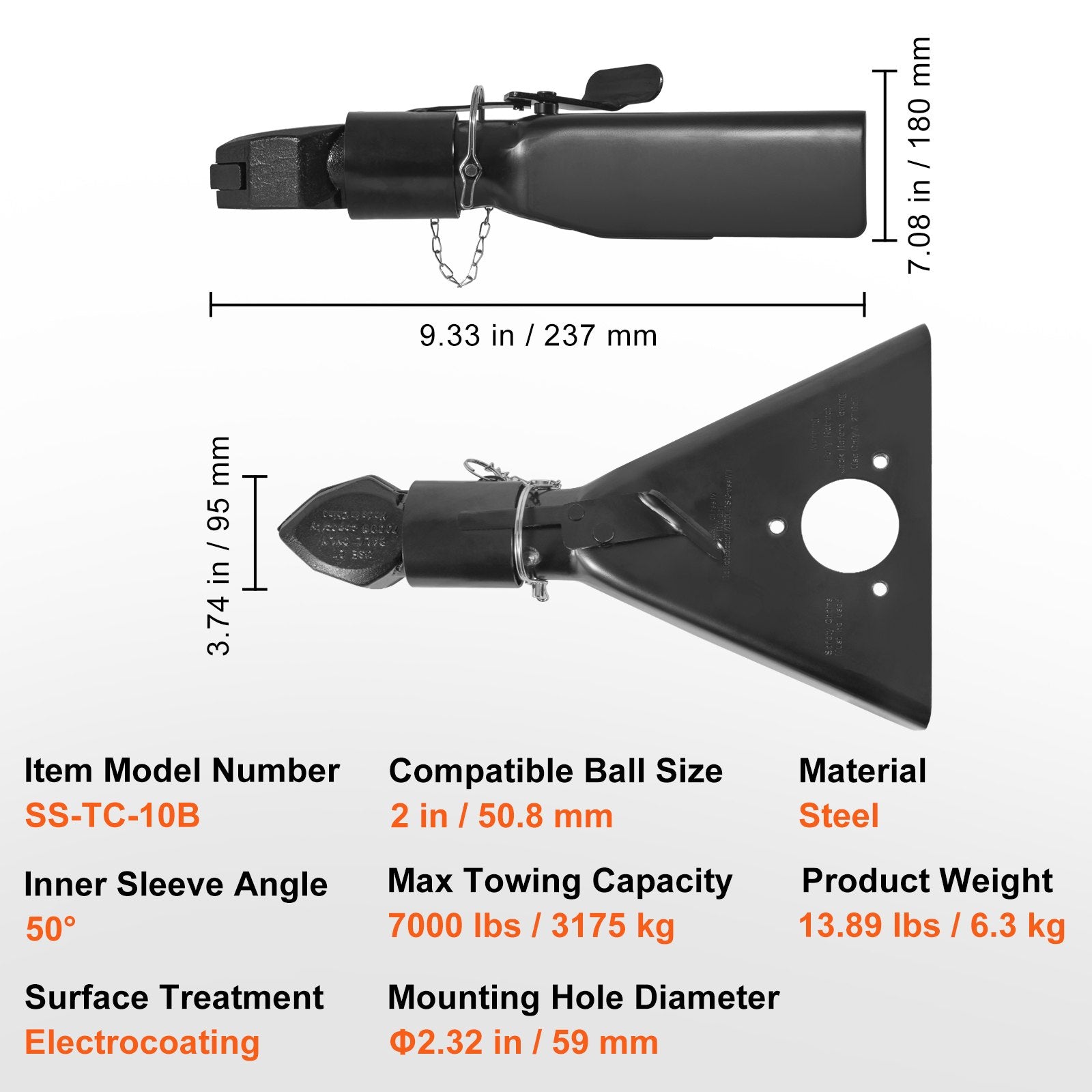 A-Frame Trailer Coupler, Heavy Duty Steel, 2-Inch Hitch, 7000 lbs Towing, Black