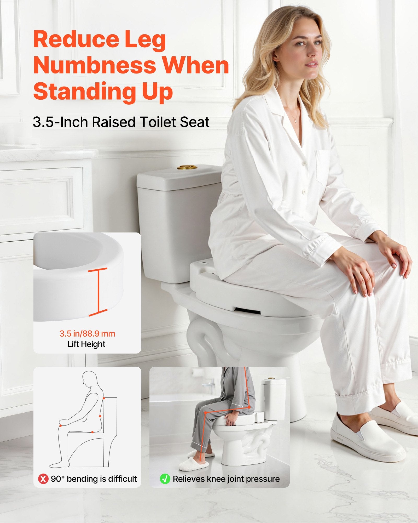 Raised Toilet Seat 136.1kg 88.9mm Lift Elongated Commode Riser Seniors Elderly