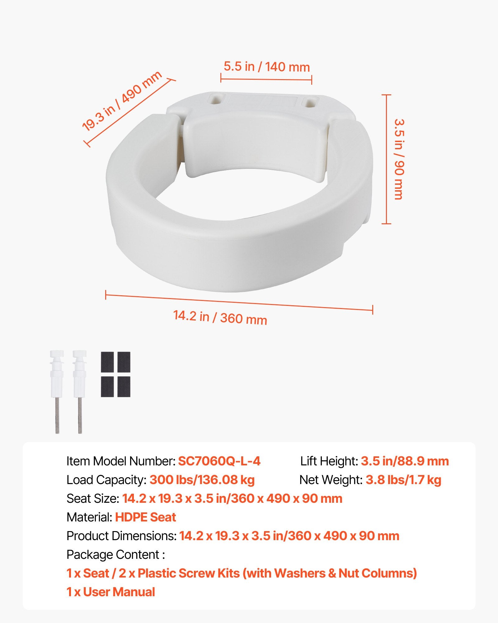 Raised Toilet Seat 136.1kg 88.9mm Lift Elongated Commode Riser Seniors Elderly