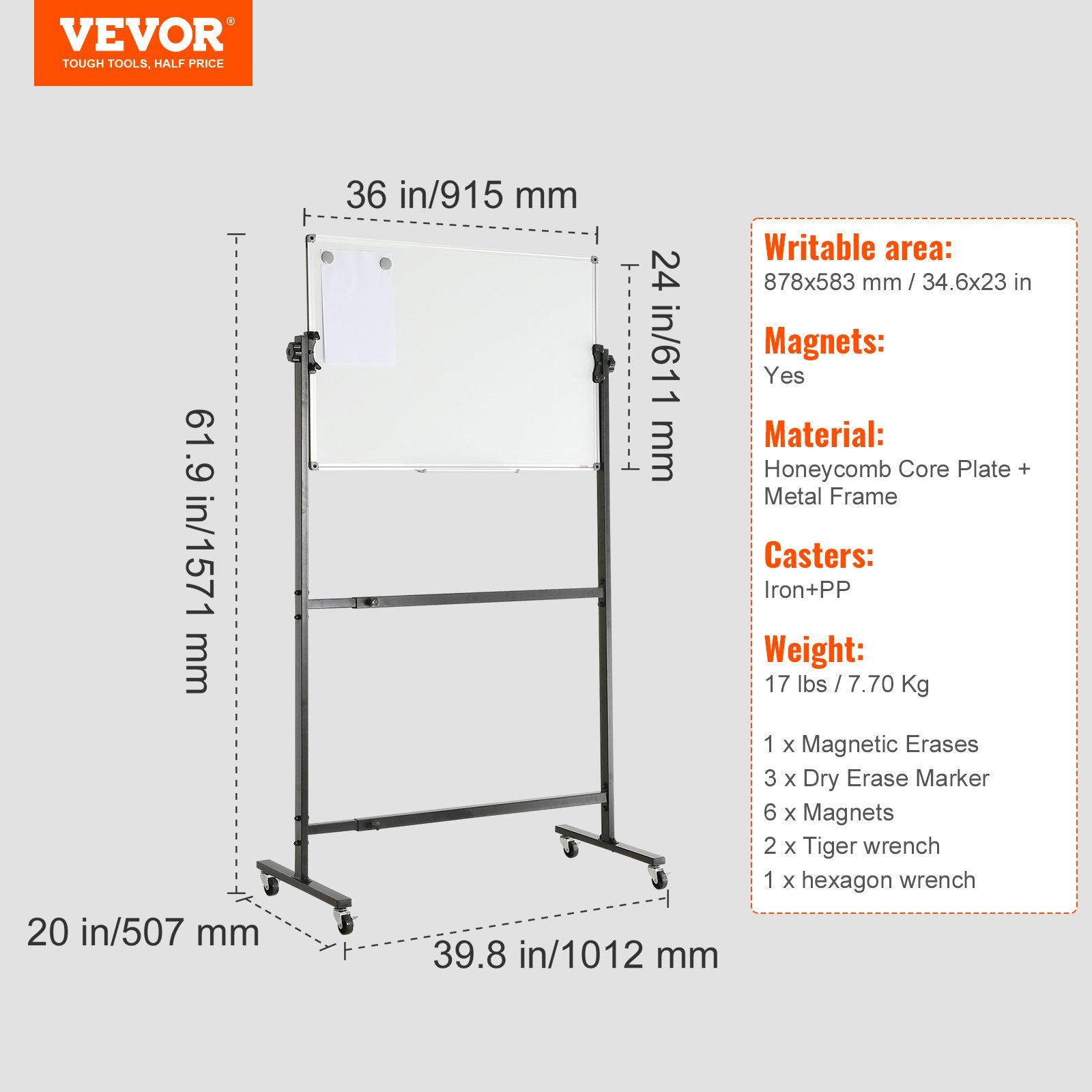 Rolling Magnetic Whiteboard 91.5x61cm Double-Sided Adjustable Dry Erase Board