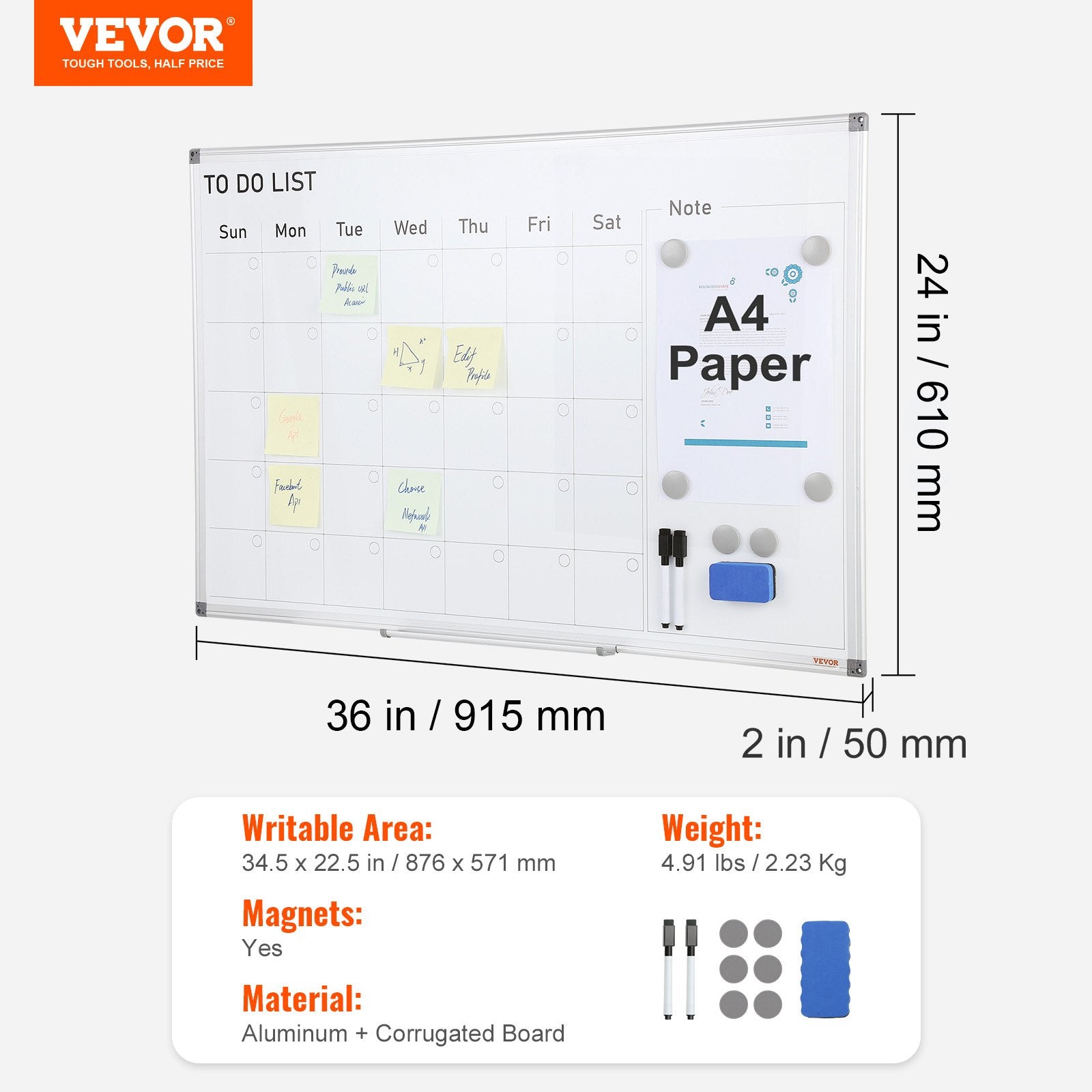 Magnetic Whiteboard Dry Erase Board 36x24" Wall Mounted for Office