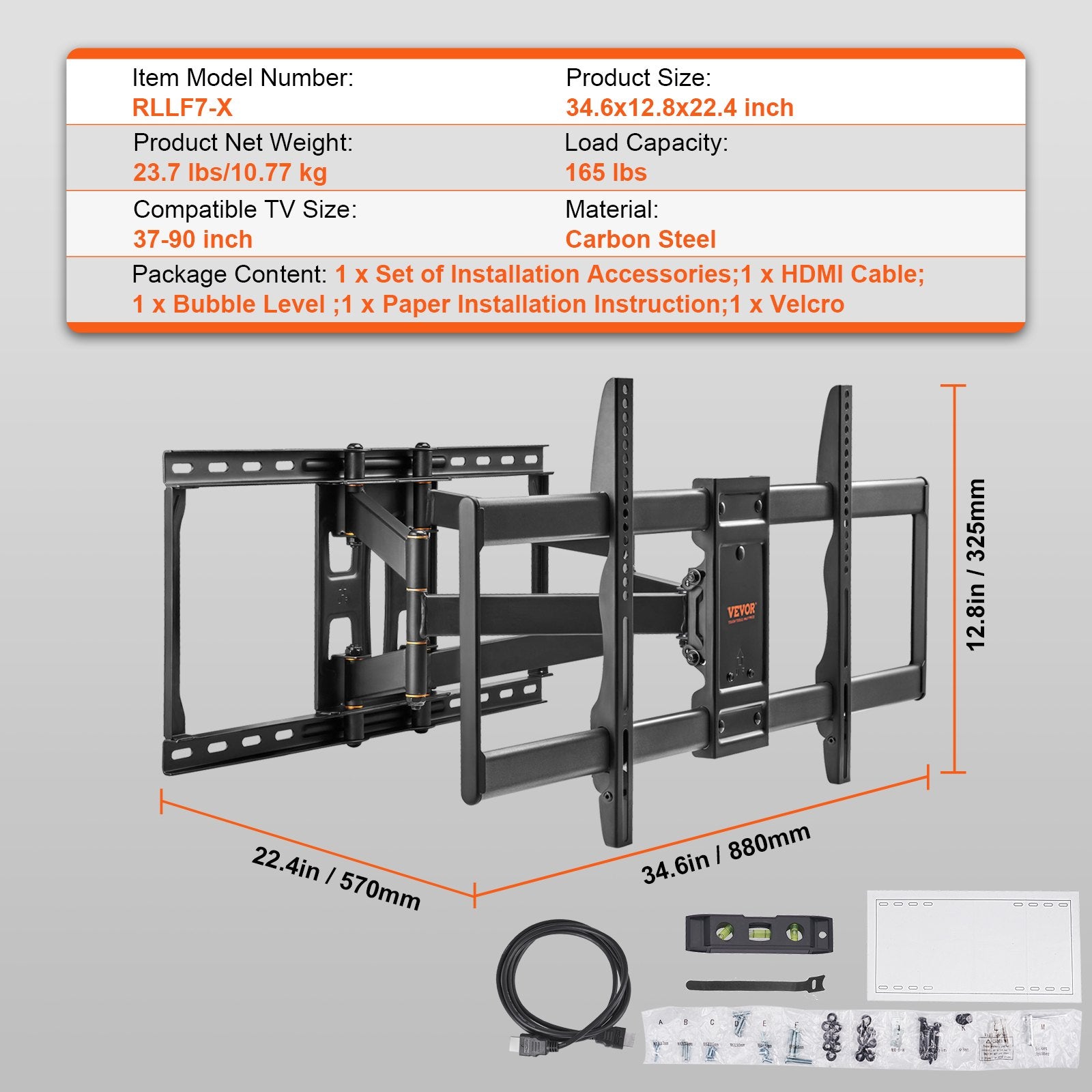 Full Motion TV Mount for 37-90" TVs Swivel Tilt 4 Articulating Arms 165 lbs