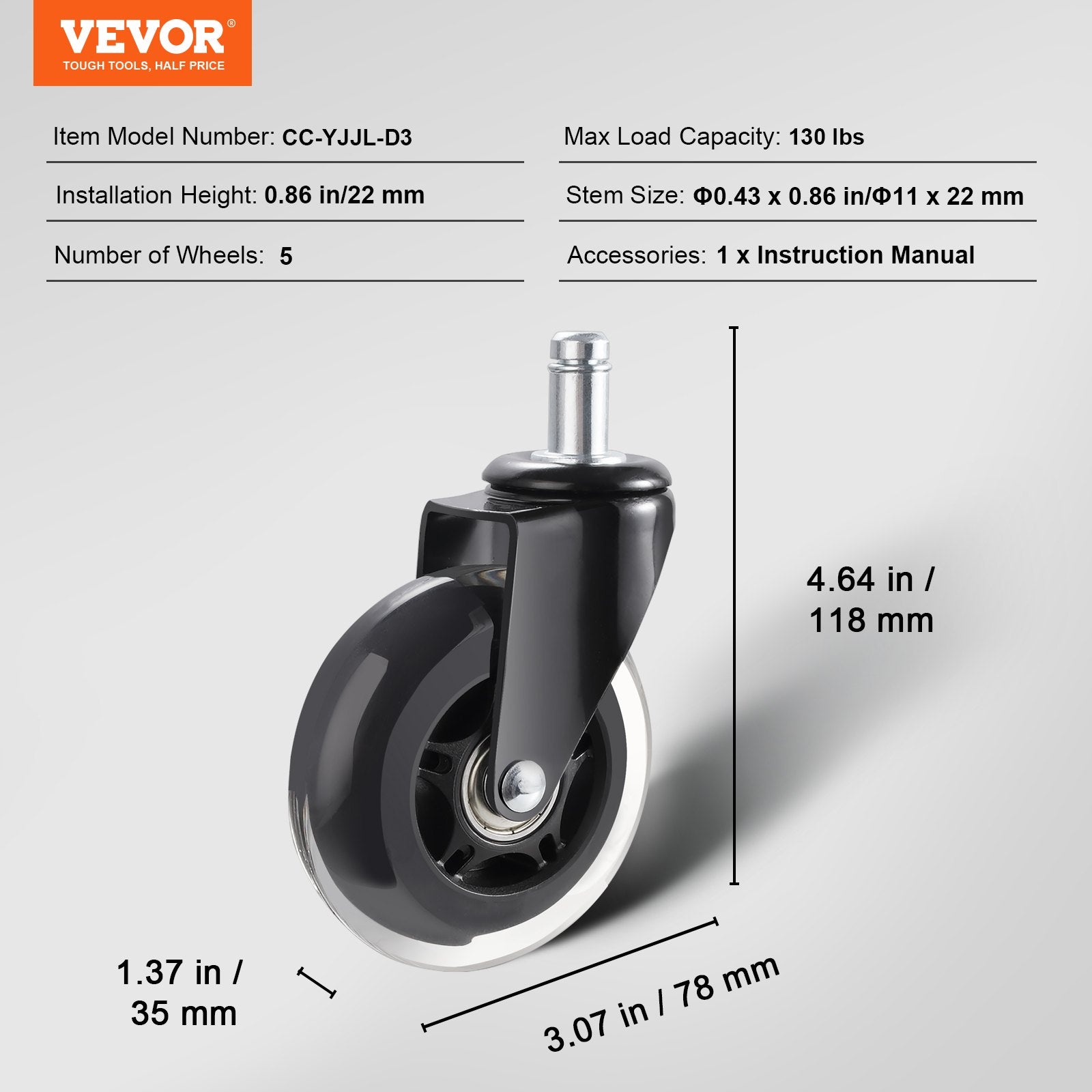 Set of 5 Heavy Duty Office Chair Wheels 7.62cm Silent Swivel Caster