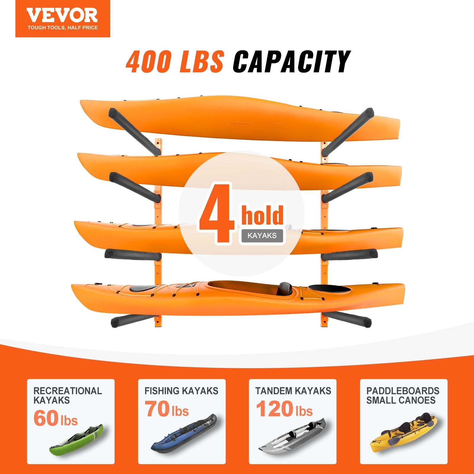 Wall Kayak Storage Rack 4-Capacity Adjustable Padded Arms 181.6kg Load