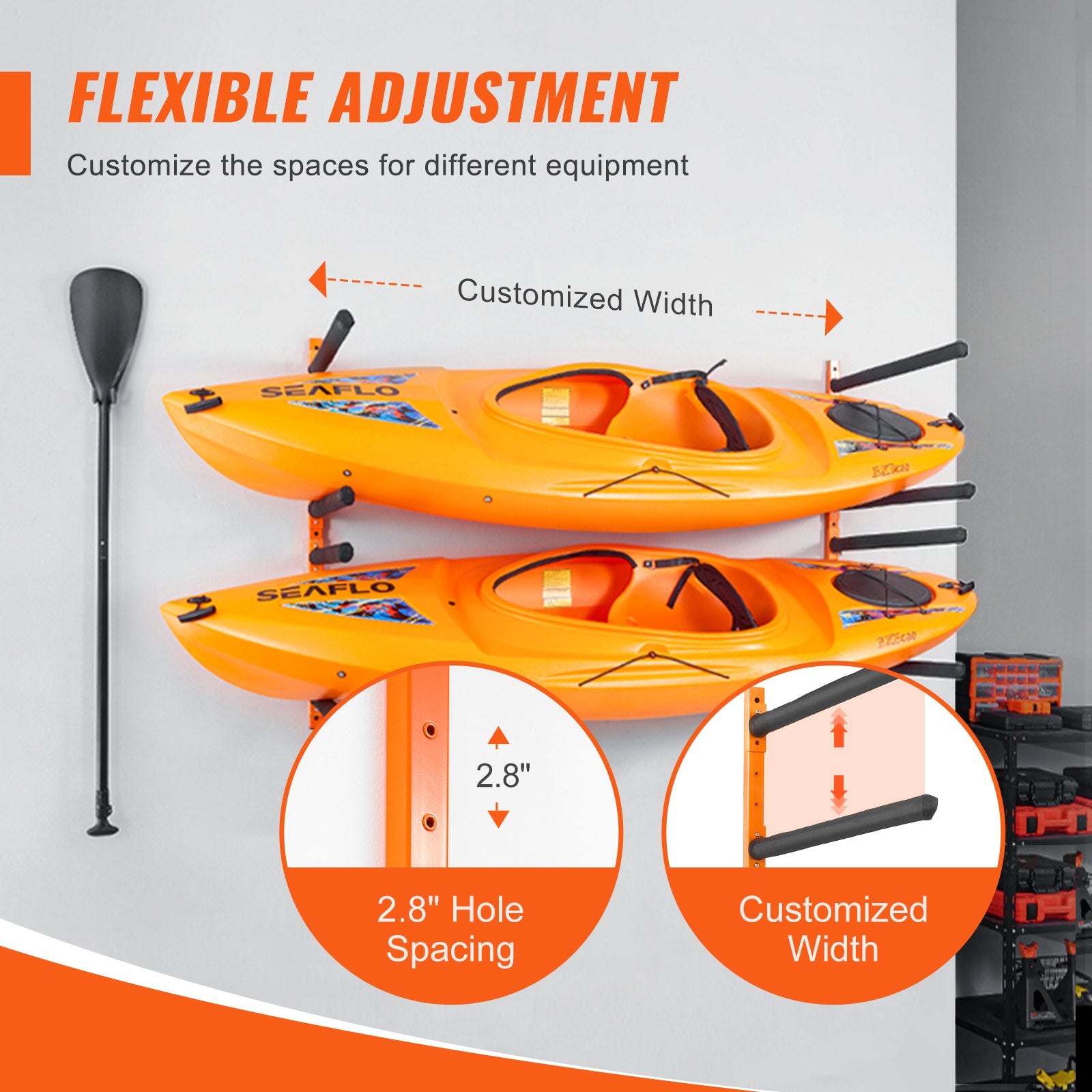 Wall Kayak Storage Rack 4-Capacity Adjustable Padded Arms 181.6kg Load