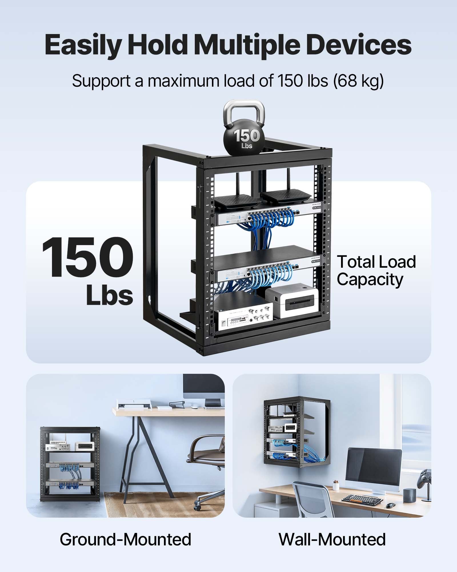 12U Wall Mount Server Rack 68.04kg Open Frame 180° Swing Door Black