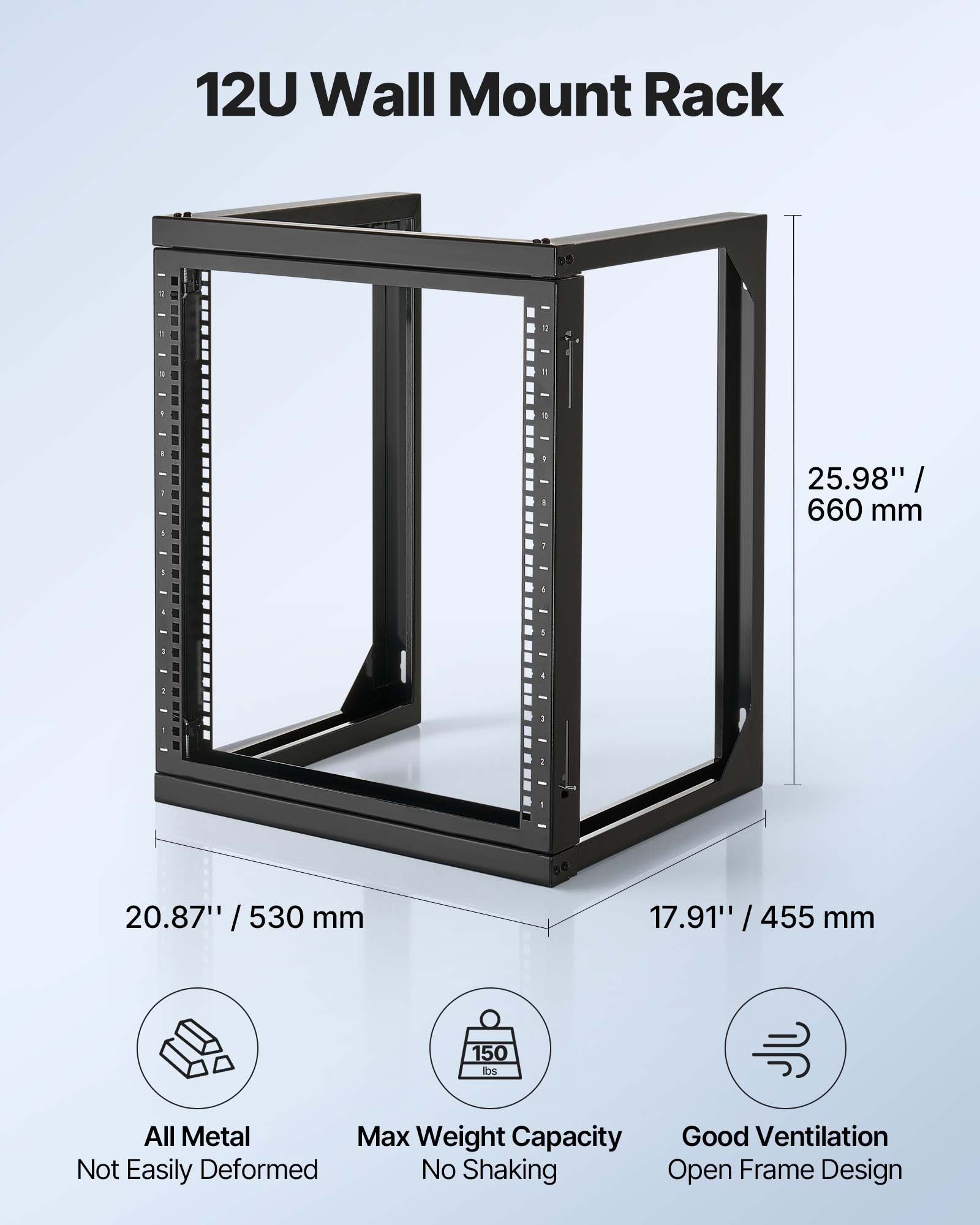 12U Wall Mount Server Rack 68.04kg Open Frame 180° Swing Door Black