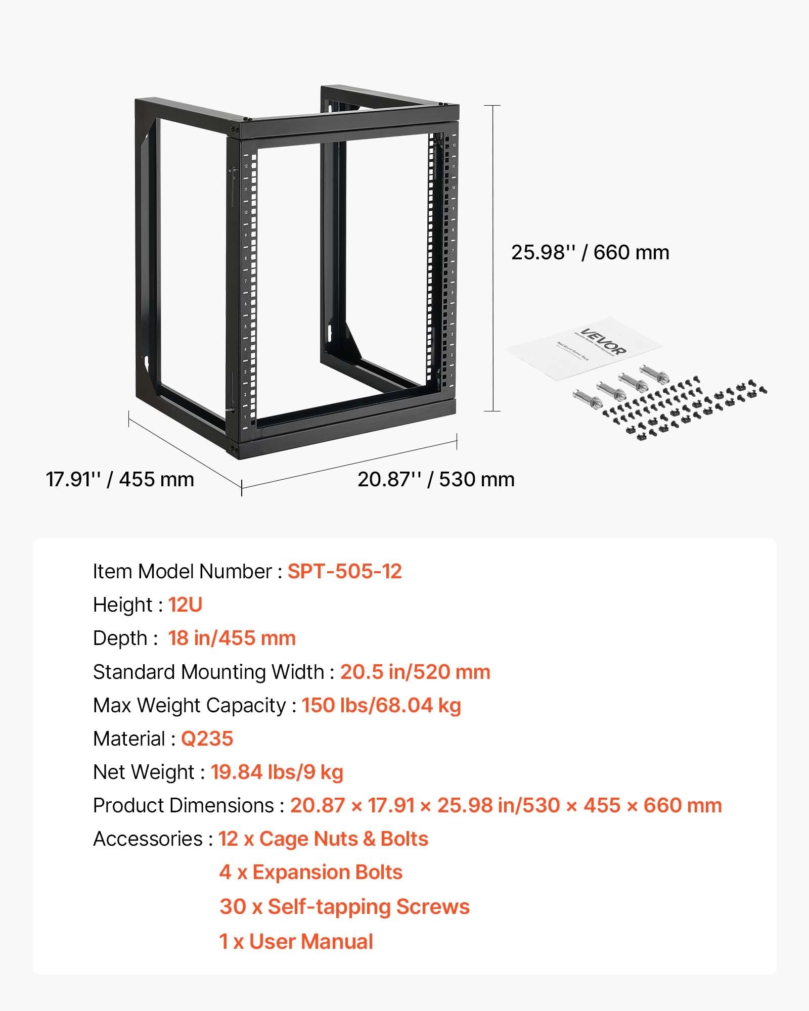 12U Wall Mount Server Rack 68.04kg Open Frame 180° Swing Door Black