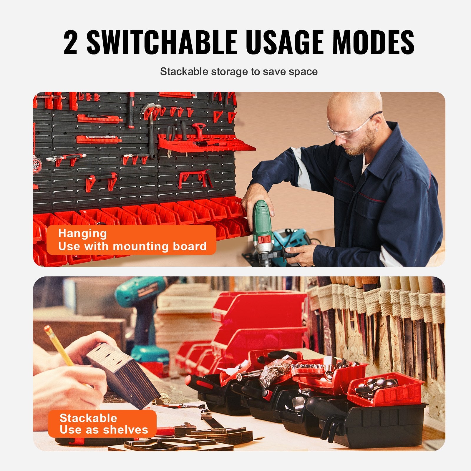 Wall Mounted Storage Bins 30-Bin Garage Organizer with Hooks Panels Black/Red