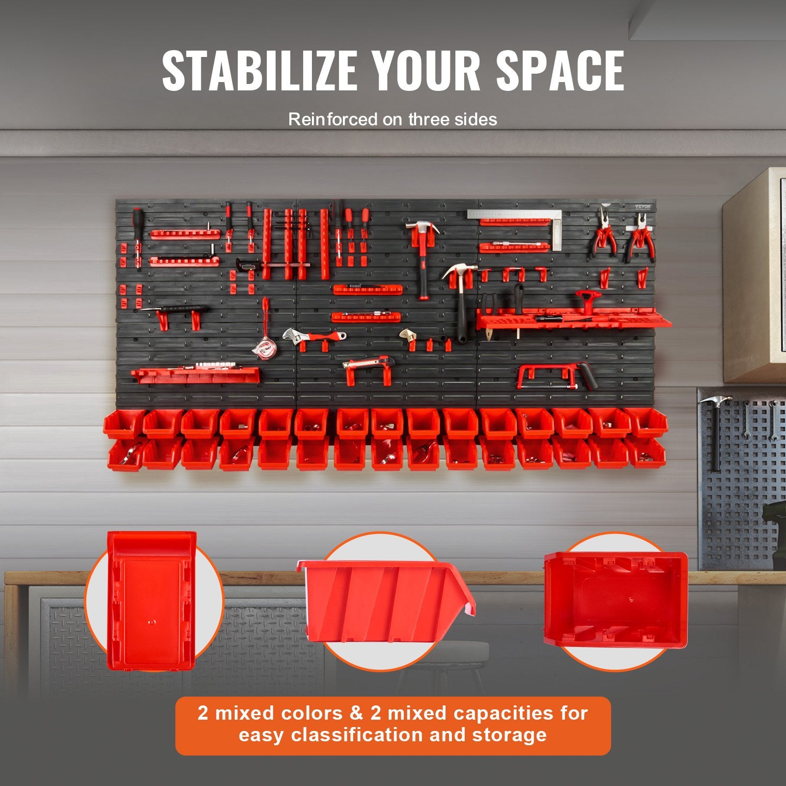 Wall Mounted Storage Bins 30-Bin Garage Organizer with Hooks Panels Black/Red