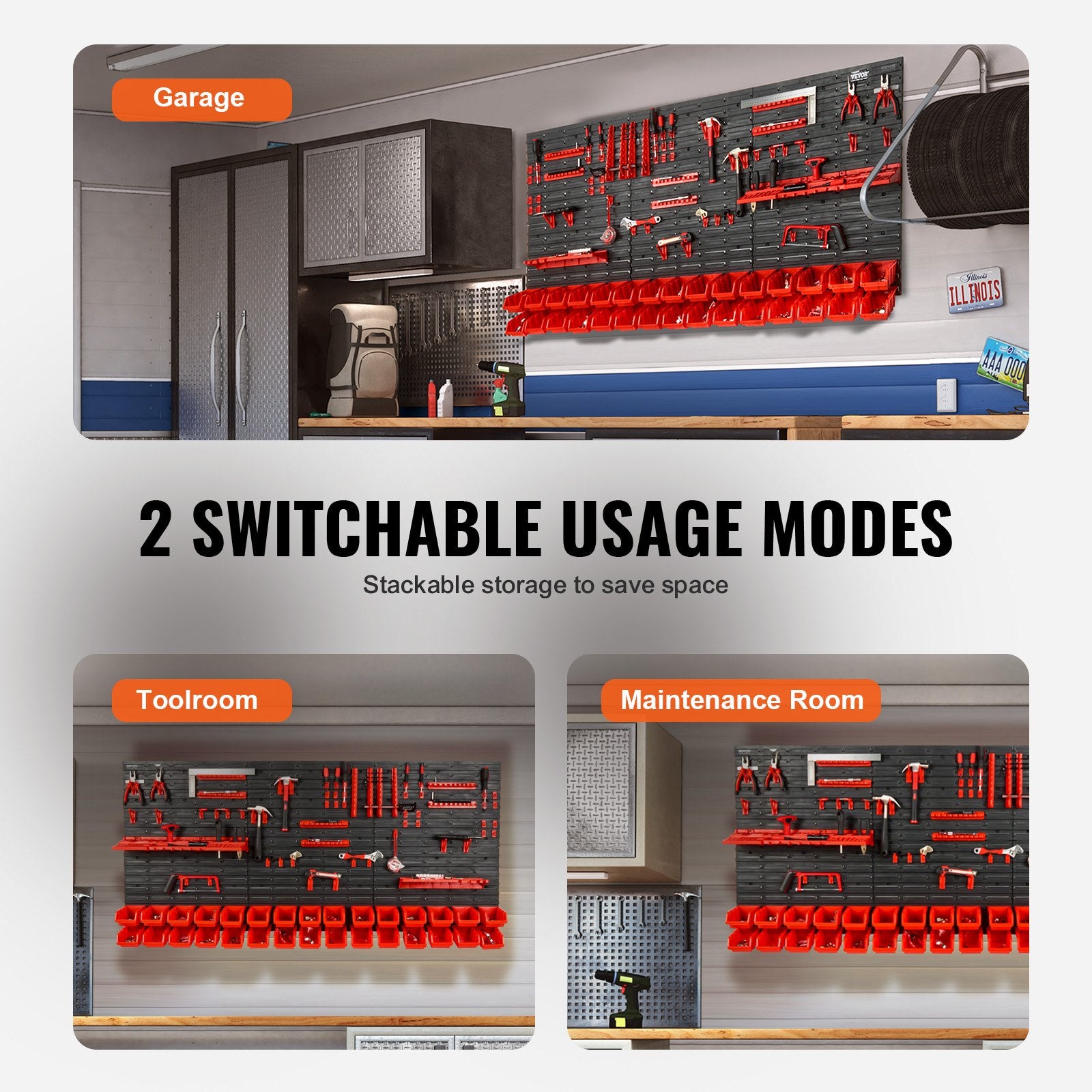 Wall Mounted Storage Bins 30-Bin Garage Organizer with Hooks Panels Black/Red