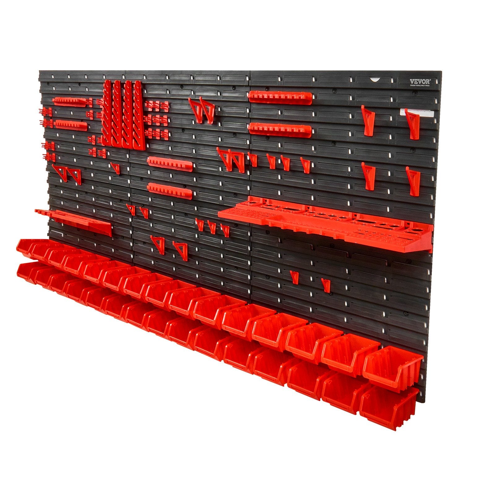 Wall Mounted Storage Bins 30-Bin Garage Organizer with Hooks Panels Black/Red