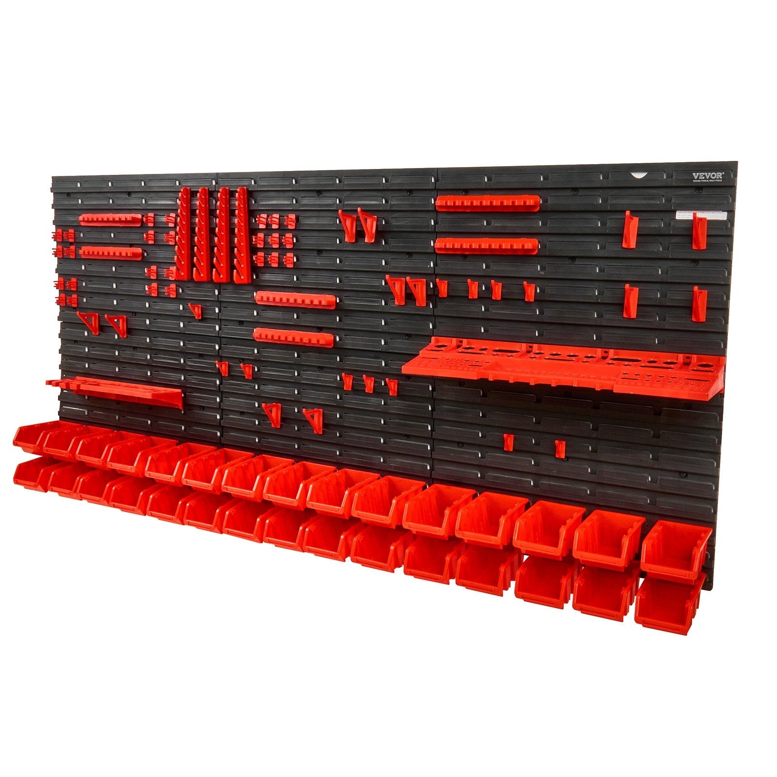 Wall Mounted Storage Bins 30-Bin Garage Organizer with Hooks Panels Black/Red