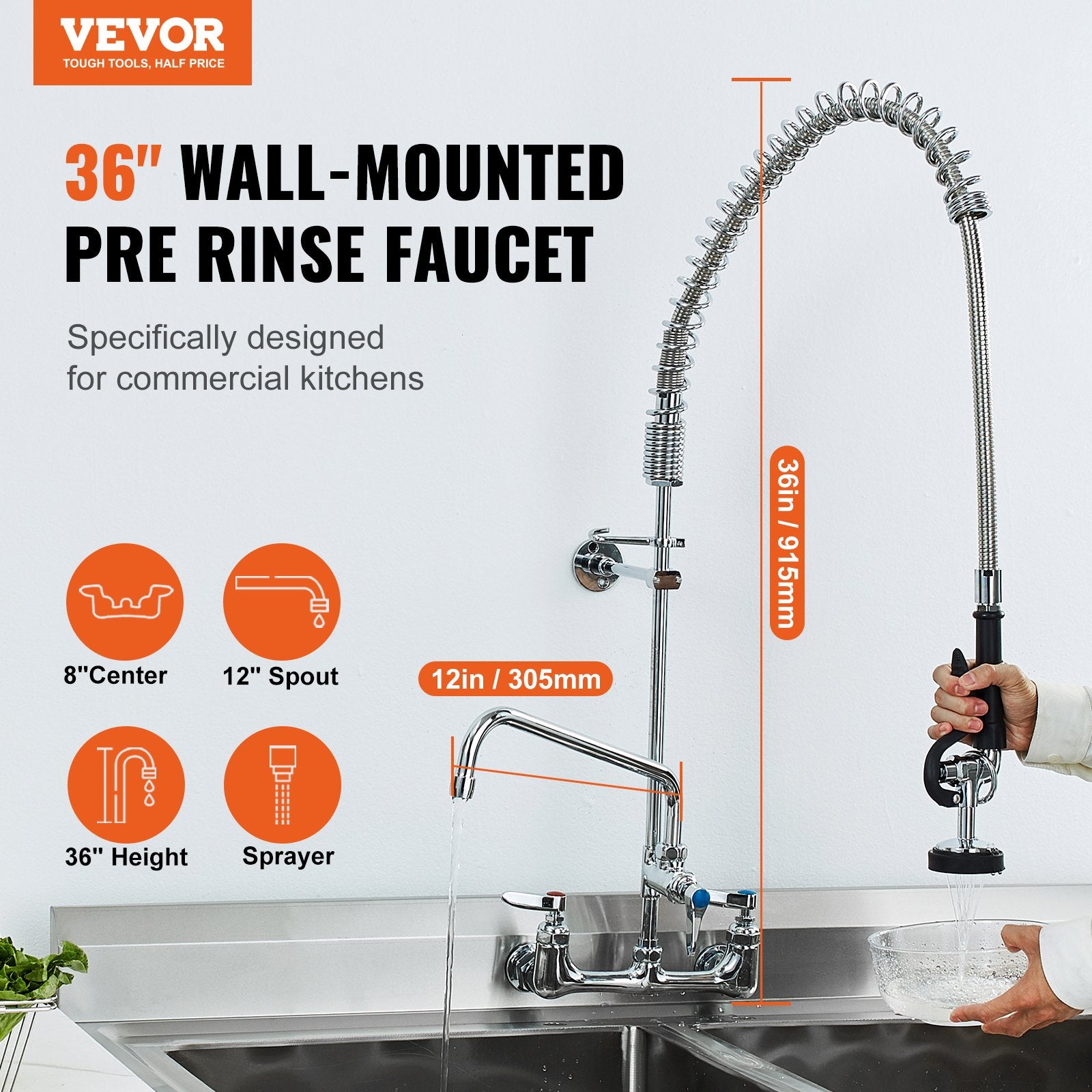 36" Commercial Pre-Rinse Kitchen Faucet Wall Mount 12" Swing Spout