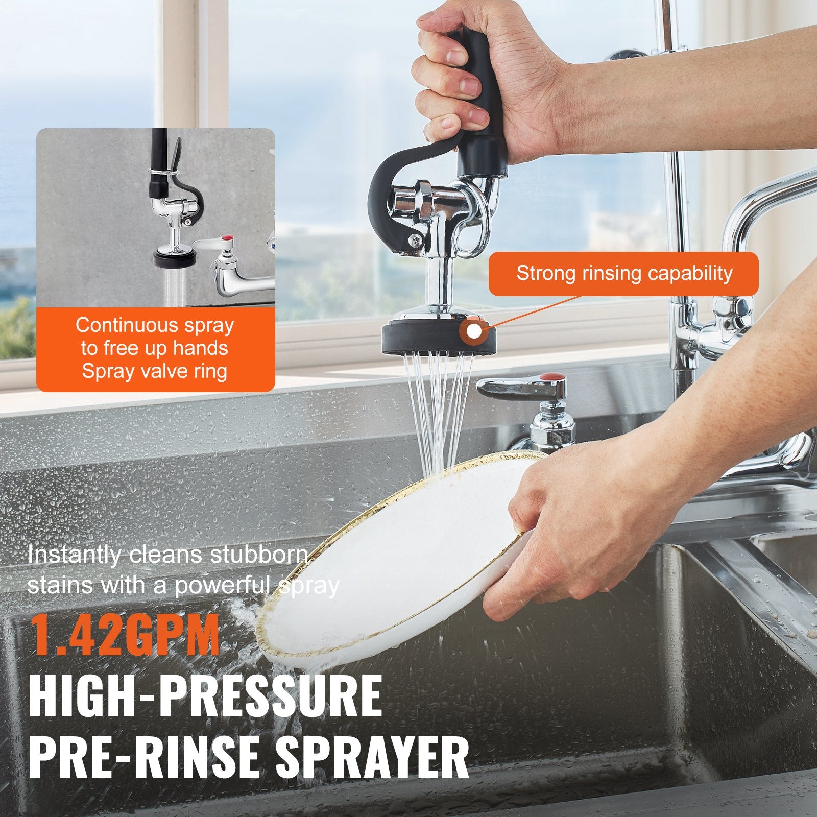 36" Commercial Pre-Rinse Kitchen Faucet Wall Mount 12" Swing Spout
