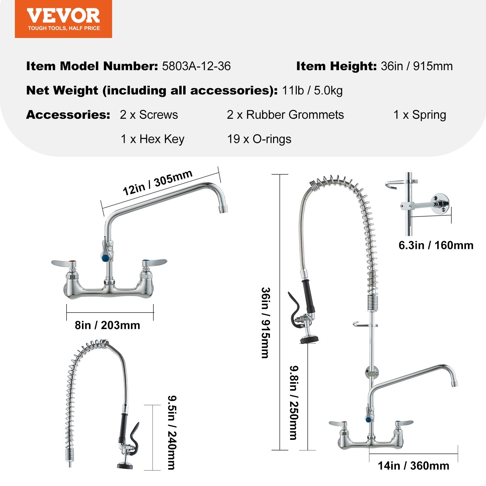36" Commercial Pre-Rinse Kitchen Faucet Wall Mount 12" Swing Spout