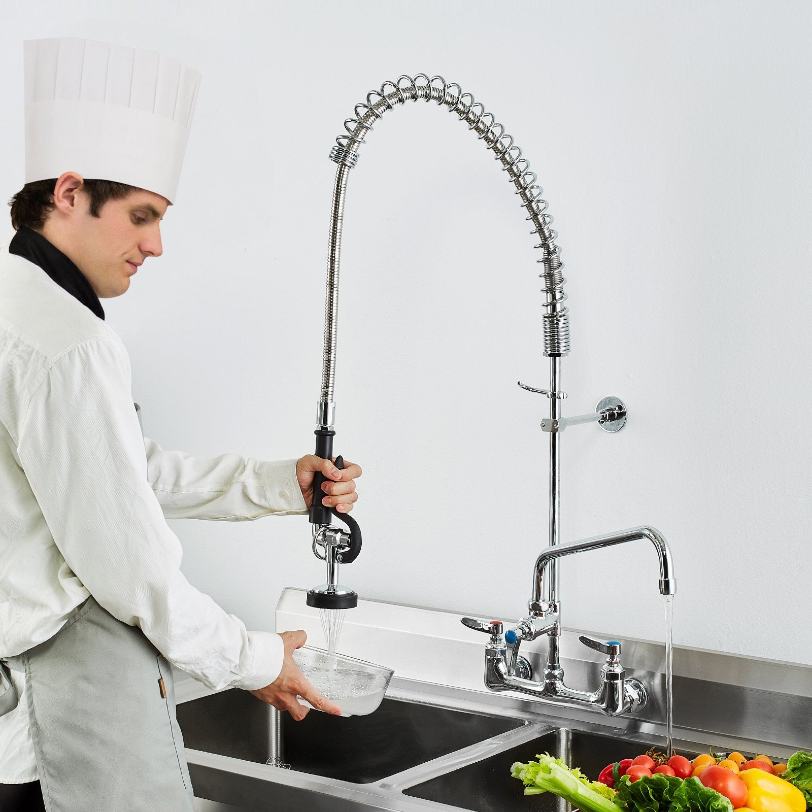 36" Commercial Pre-Rinse Kitchen Faucet Wall Mount 12" Swing Spout