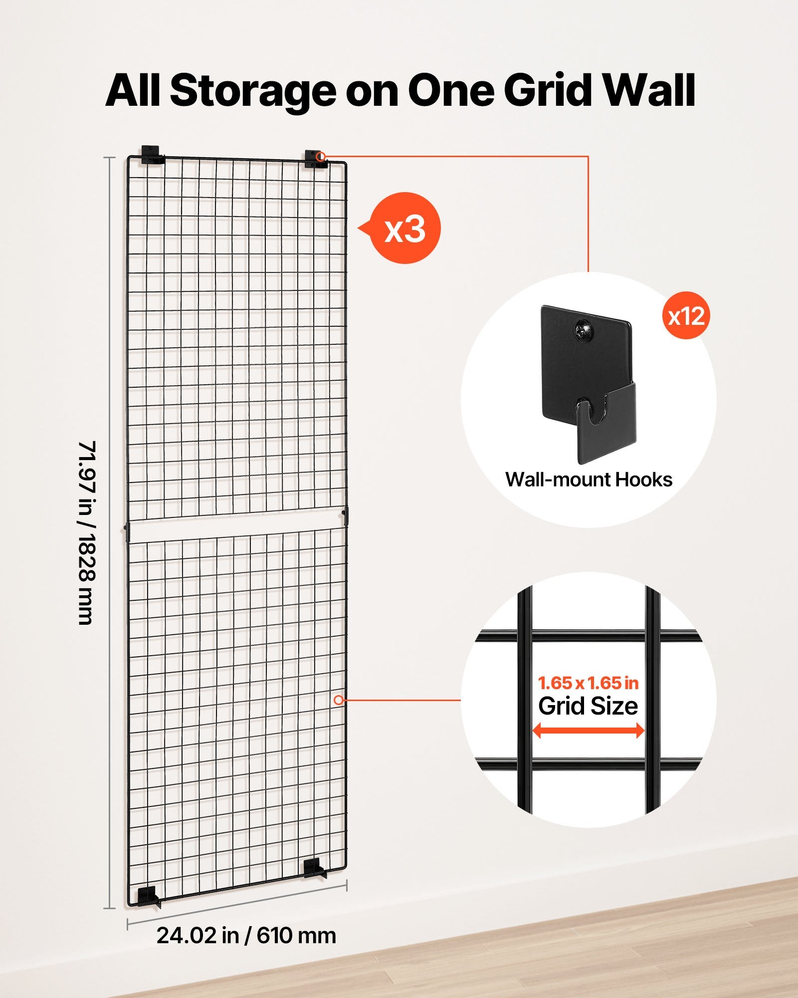 3 Pack Grid Wall Panels 610x1828mm Wall-Mounted Display Rack, Black Carbon Steel