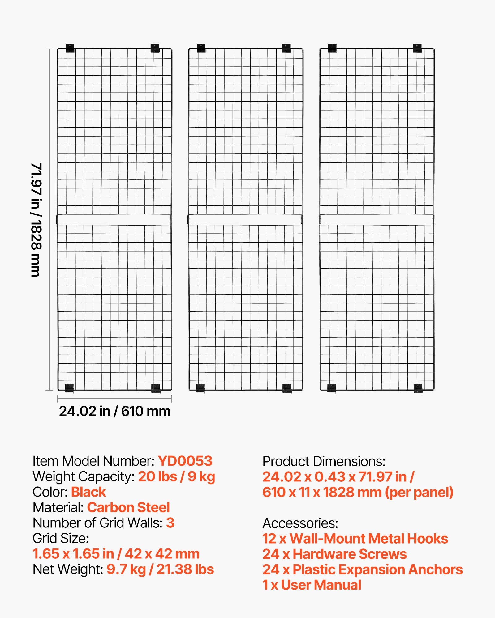 3 Pack Grid Wall Panels 610x1828mm Wall-Mounted Display Rack, Black Carbon Steel