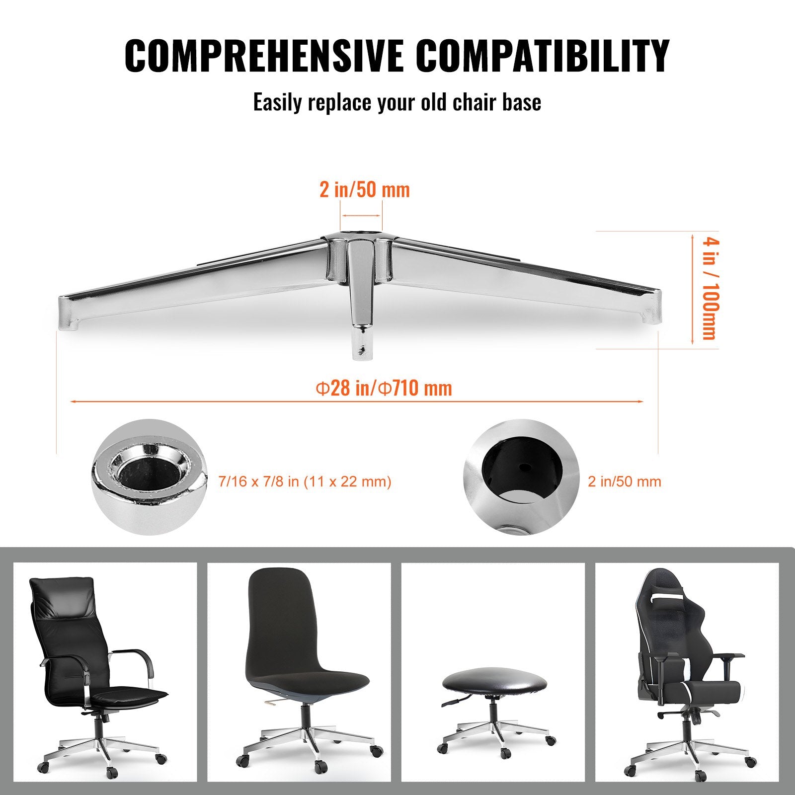 Office Chair Base Replacement Heavy Duty 710mm Universal Metal Legs Silver