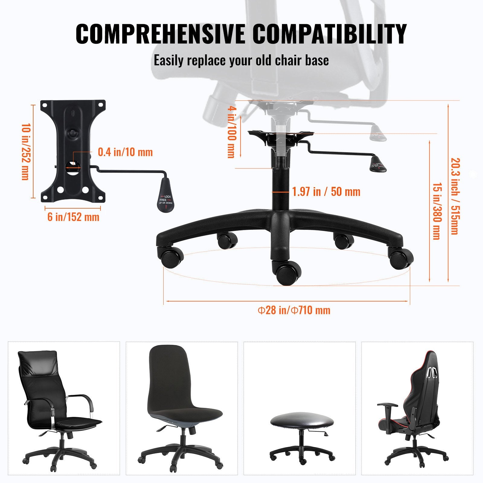 Office Chair Base Replacement Heavy Duty 710mm Universal 5 Casters Black