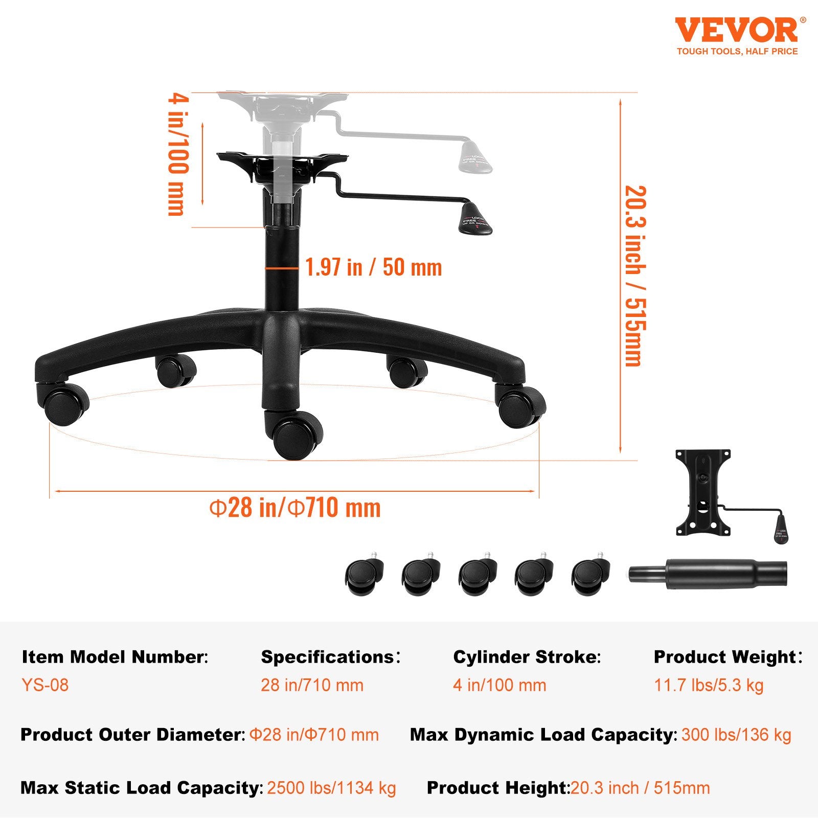 Office Chair Base Replacement Heavy Duty 710mm Universal 5 Casters Black