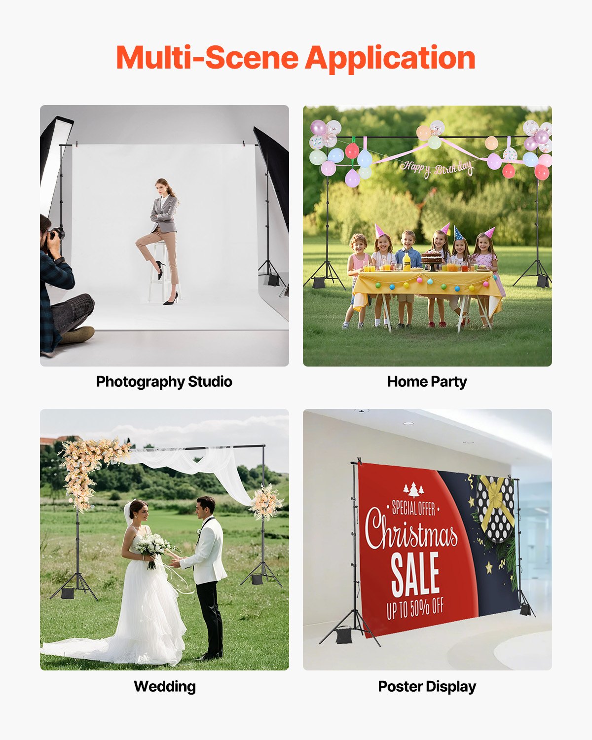 Backdrop Stand 298x300cm Adjustable Photo Background 4 Crossbars Heavy Duty