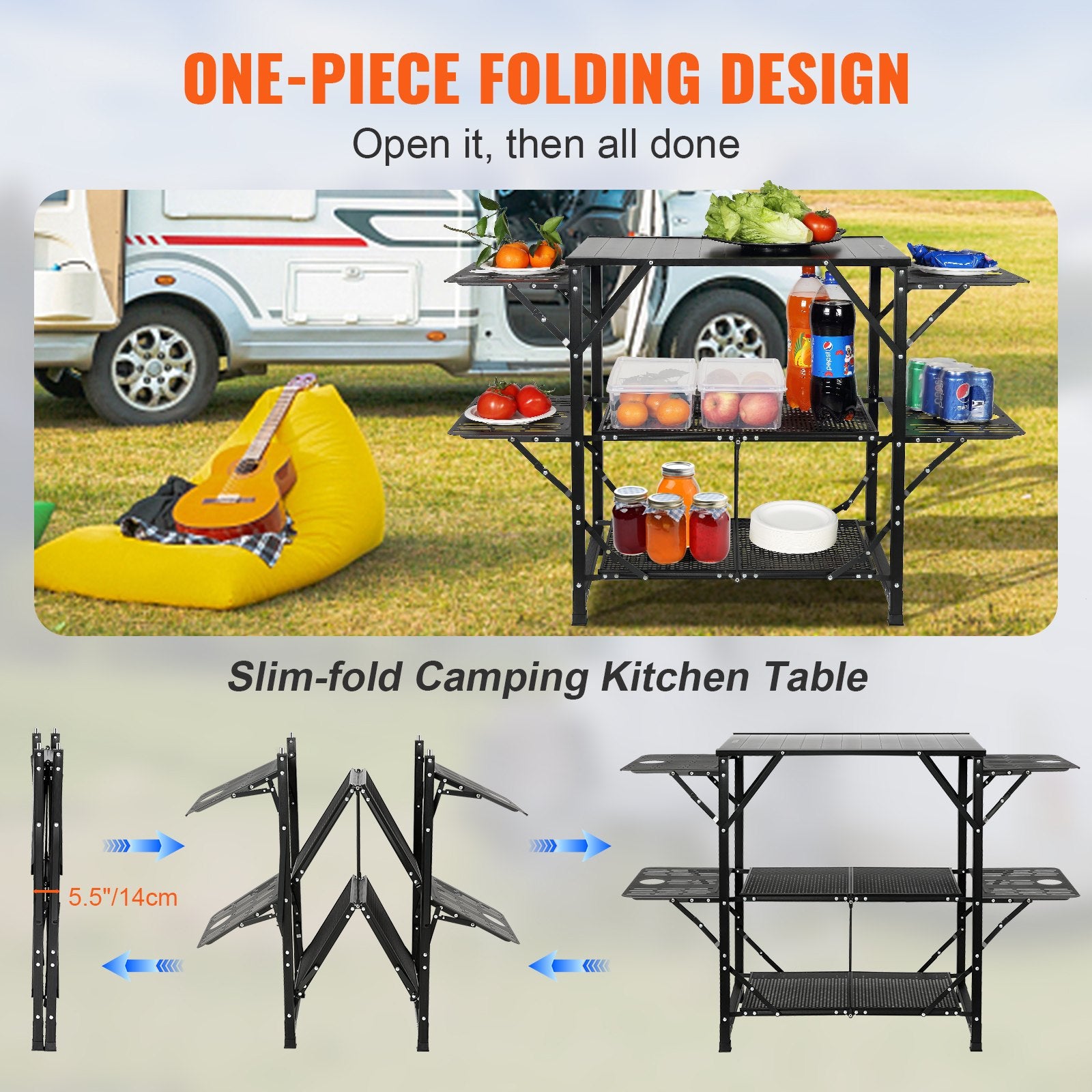 Camping Kitchen Table One-Piece Folding Portable Cook Station Aluminum Outdoor