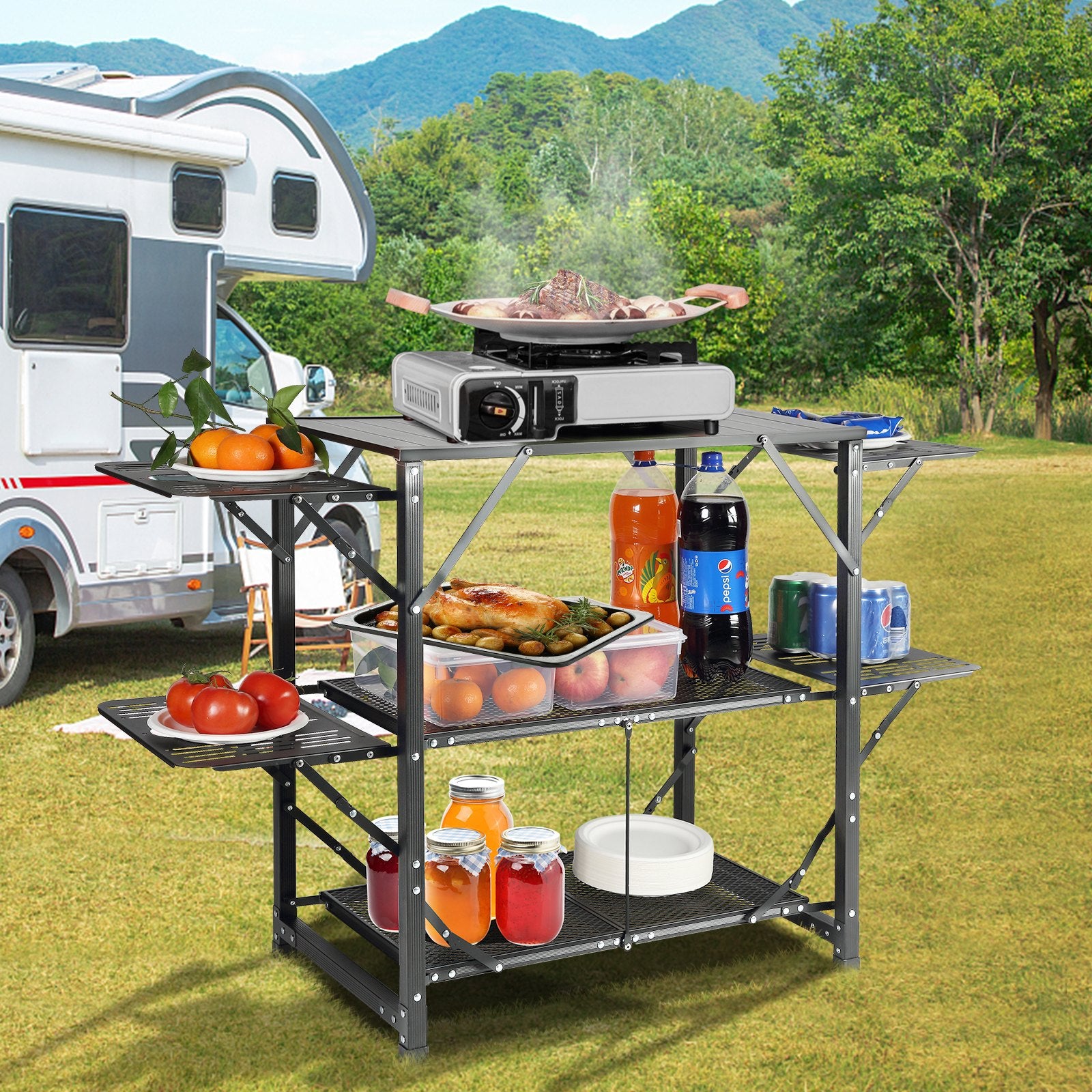 Camping Kitchen Table One-Piece Folding Portable Cook Station Aluminum Outdoor