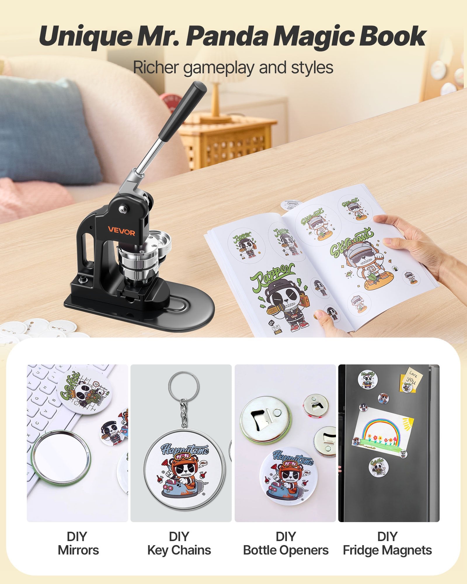 Button Maker Machine 58mm with 500pcs Parts Circle Cutter Hex Wrenches Black