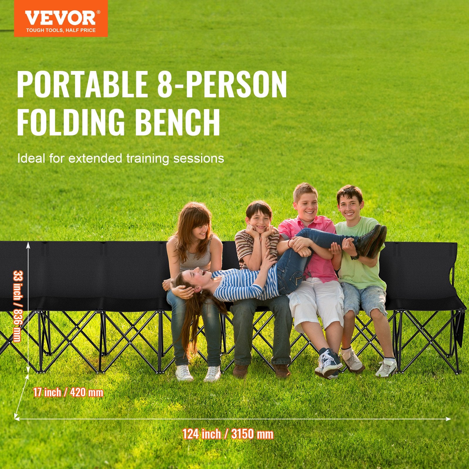 Folding Bench Portable 8-Seat Soccer with Backrest Side Pockets Black