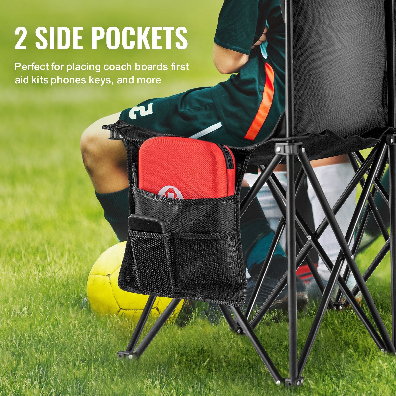 Folding Bench Portable 8-Seat Soccer with Backrest Side Pockets Black