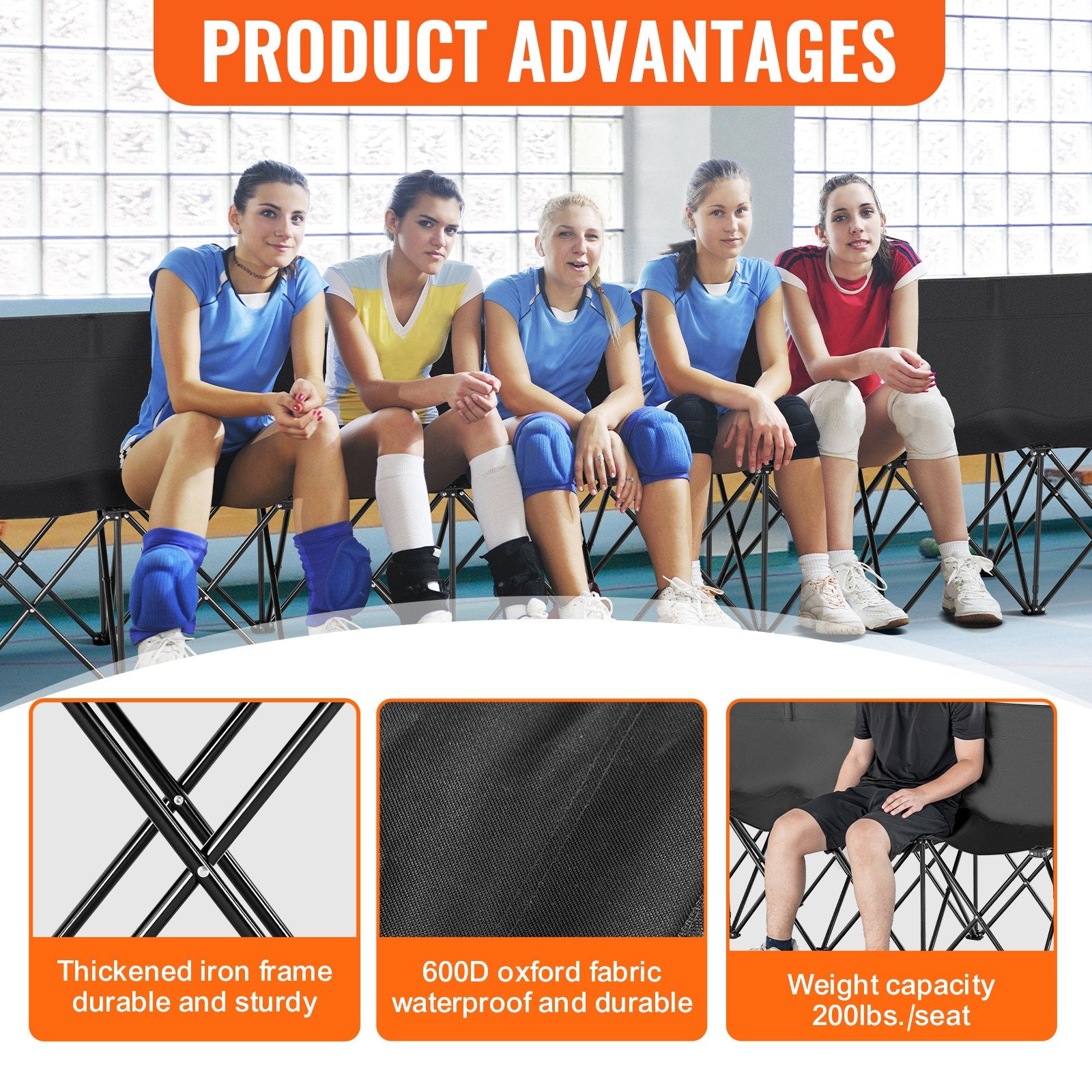 Folding Bench Portable 8-Seat Soccer with Backrest Side Pockets Black